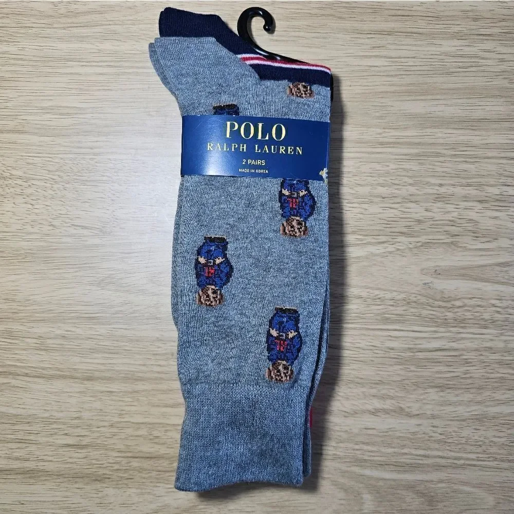 Polo Ralph Lauren Bear USA Socks 2-Pack AOP Striped Large L 10-13 Grey Navy Pony - Picture 4 of 8